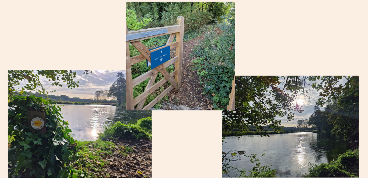 Three images of sun setting over River Test water, an open gate leading to a woodland path and a scenic image of a river with green foliage